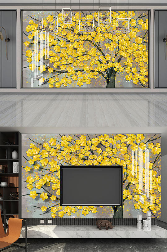 花鸟画发财树摇钱树背景墙