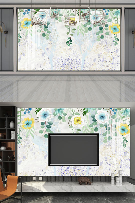 水墨画花藤沙发背景墙-众图网