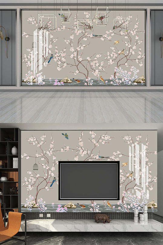 花鸟画家装电视背景墙