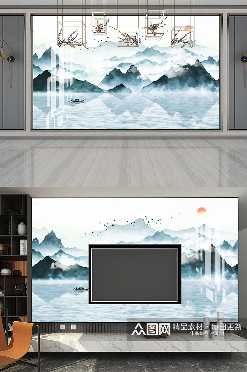 水墨画山水风景电视背景墙素材