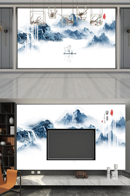 水墨画晨雾背景墙-众图网