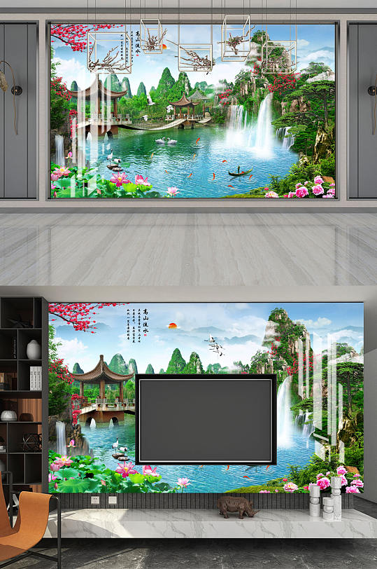 高山流水小桥亭背景墙-众图网