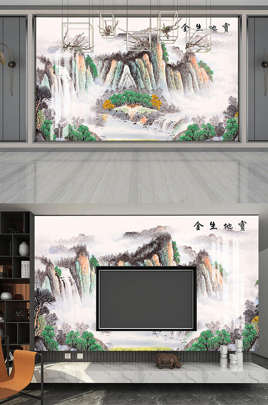 山水画宝地生金背景墙-众图网