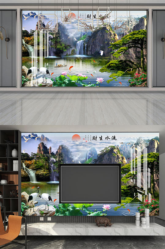 流水生财高山鹤小船背景墙-众图网