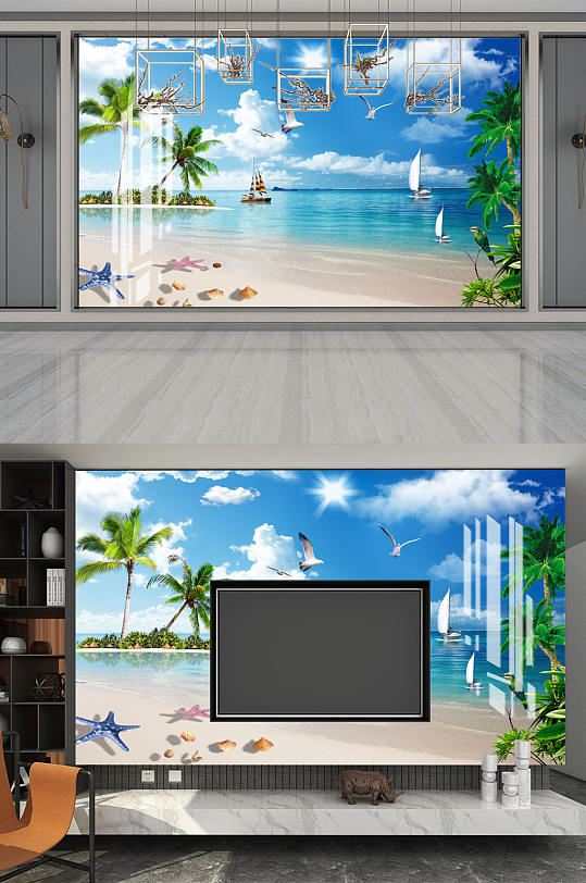海边沙滩椰树海星背景墙