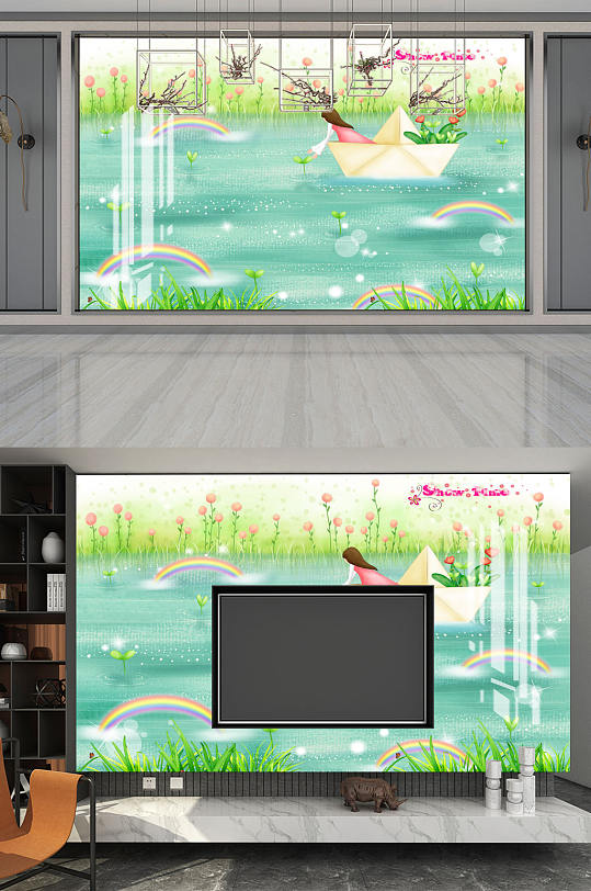 卡通彩虹小碎花背景墙-众图网