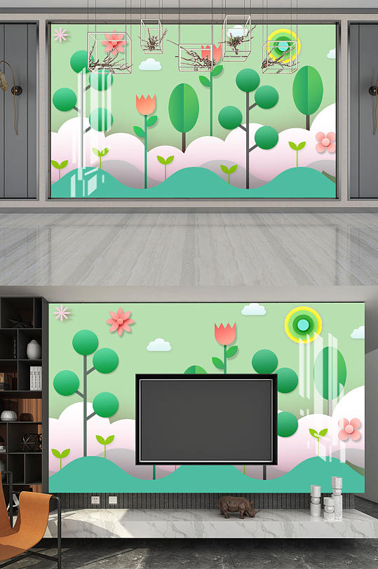 卡通树白云花背景墙-众图网