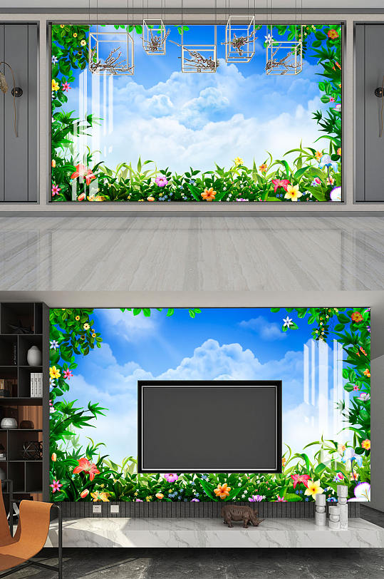 花藤白云蓝天背景墙-众图网