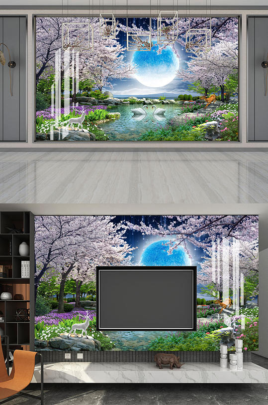 花鸟画鹿天鹅小碎花背景墙-众图网