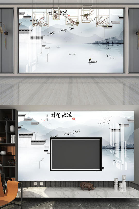 水墨画流水生财马头墙-众图网