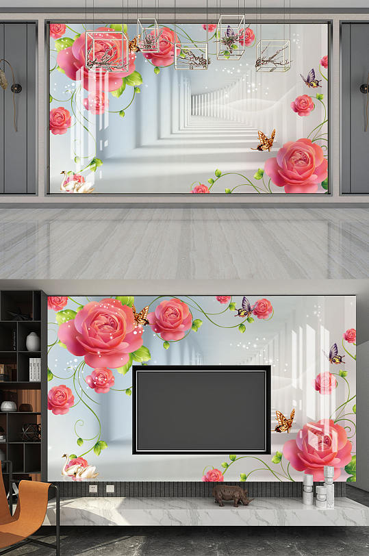 玫瑰花花藤蝴蝶背景墙-众图网