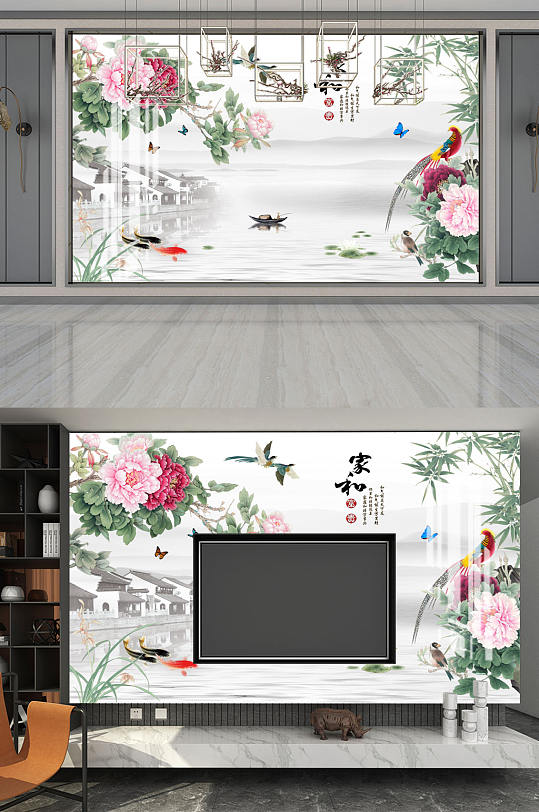 花鸟画山水风景背景墙-众图网
