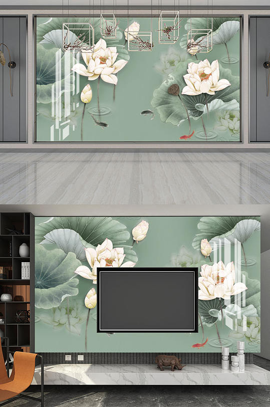 水墨画荷花九鱼背景墙-众图网