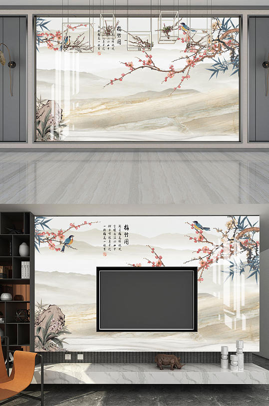 花鸟画梅花竹子大理石纹-众图网