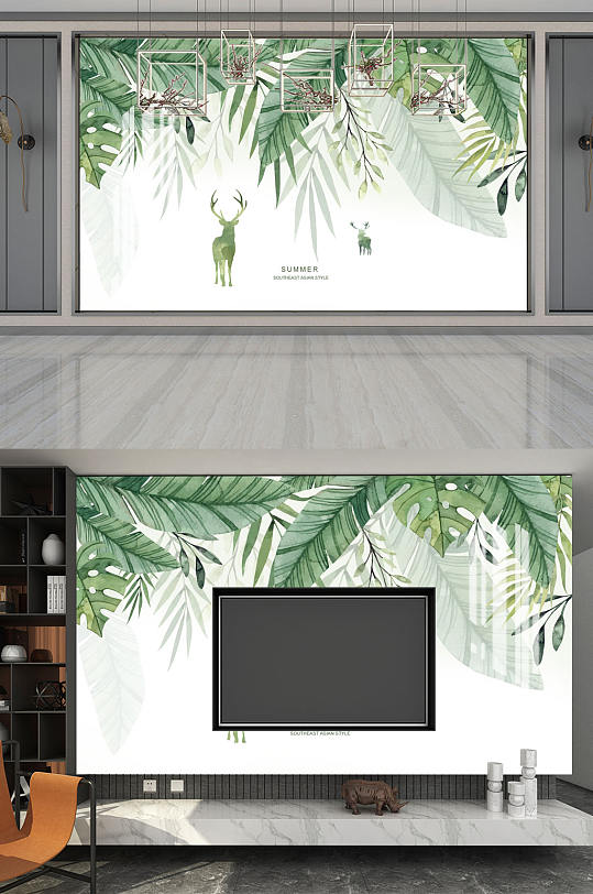 鹿芭蕉叶电视背景墙-众图网
