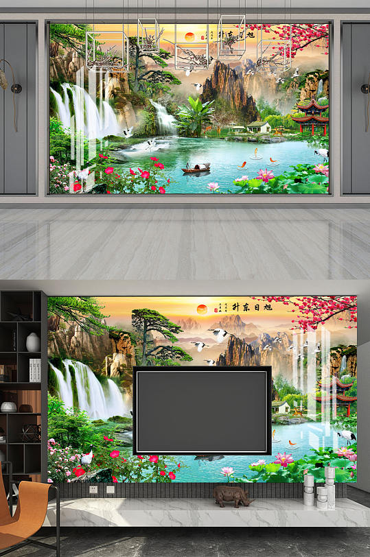 山水画旭日东升背景墙-众图网