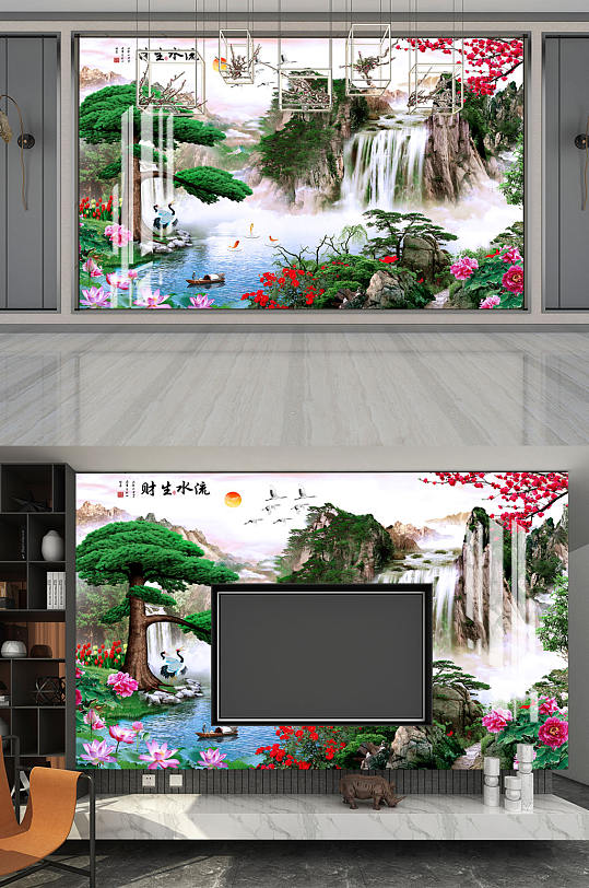 山水画流水生财背景墙-众图网
