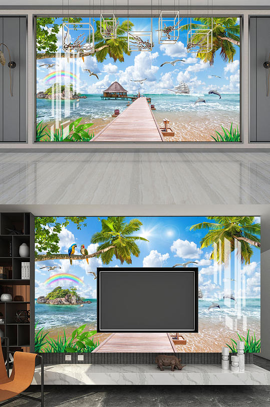 海边沙滩椰树海豚背景墙-众图网