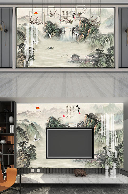 山水画山水情亭鹤背景墙-众图网