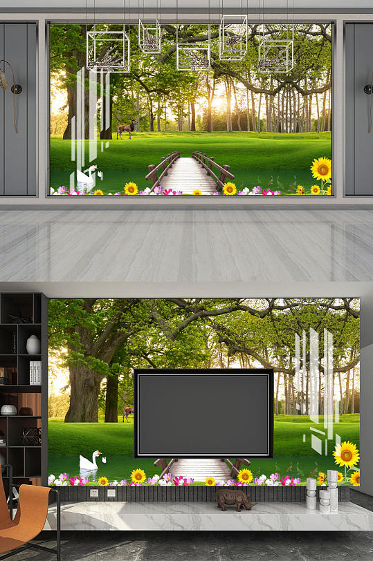 树林草地小碎花背景墙-众图网