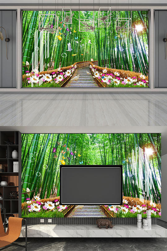 林荫小道小碎花背景墙-众图网