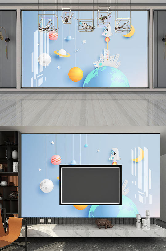 宇宙星球卡通背景墙-众图网