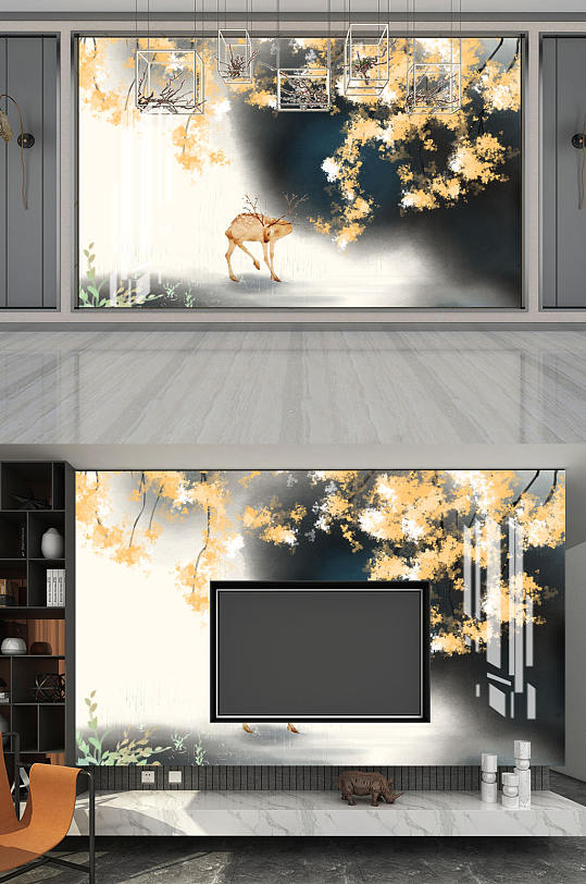 水墨画鹿电视背景墙