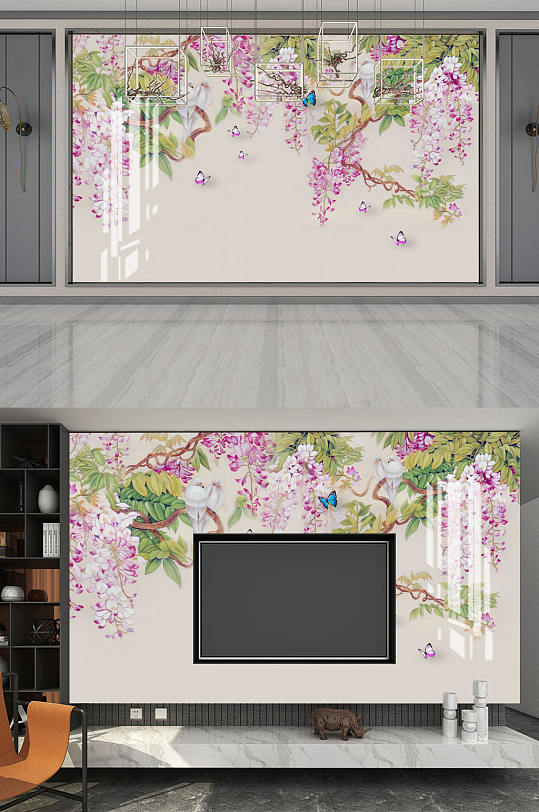 花鸟画花藤蝴蝶背景墙-众图网