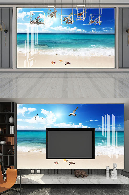 海边沙滩蓝天白云背景墙-众图网