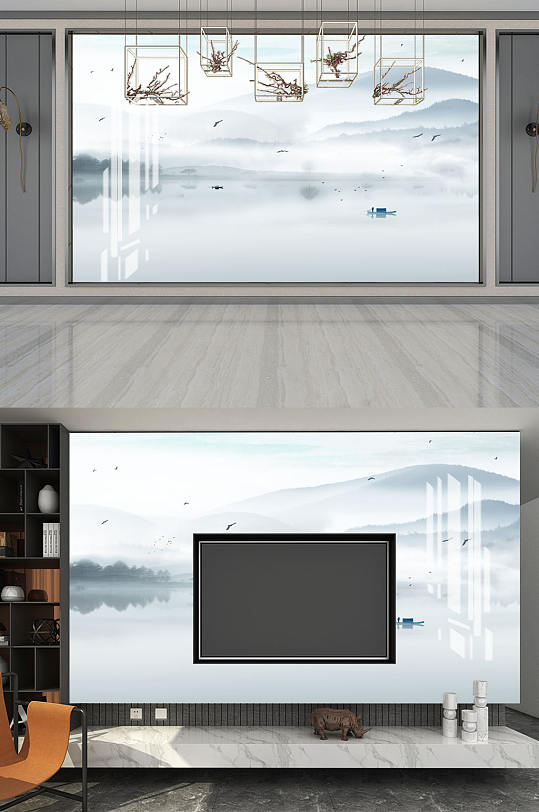 水墨画山水风景背景墙-众图网