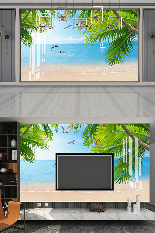 海边沙滩椰树海豚背景墙-众图网