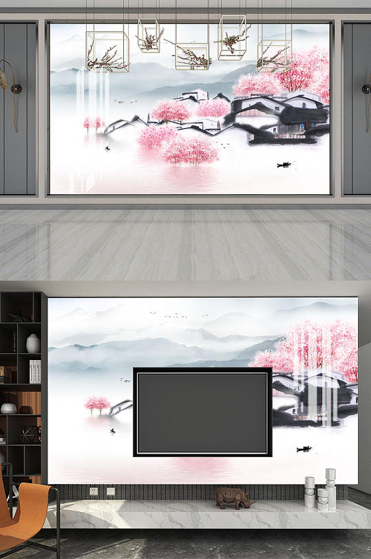 水墨画江南水乡背景墙-众图网