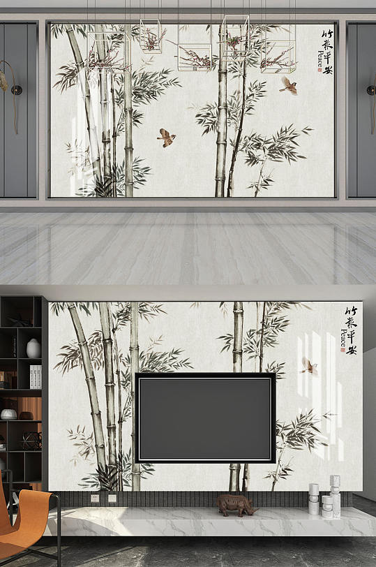 水墨画竹报平安飞鸟背景墙-众图网