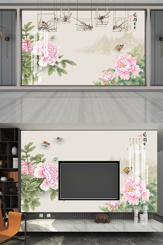 牡丹花开富贵背景墙-众图网