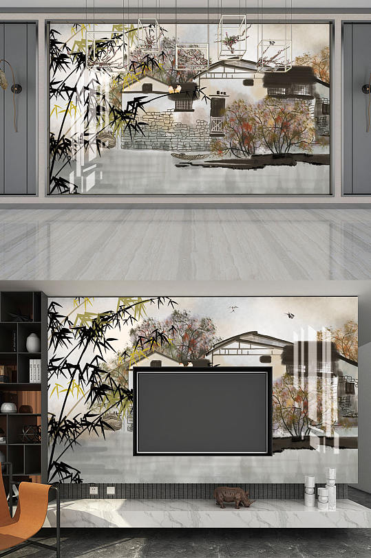 水墨画竹子房子背景墙-众图网