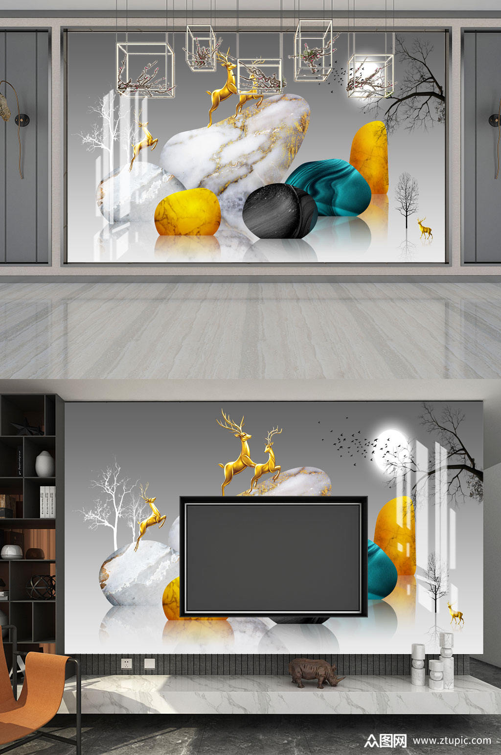鹿鹅卵石电视背景墙