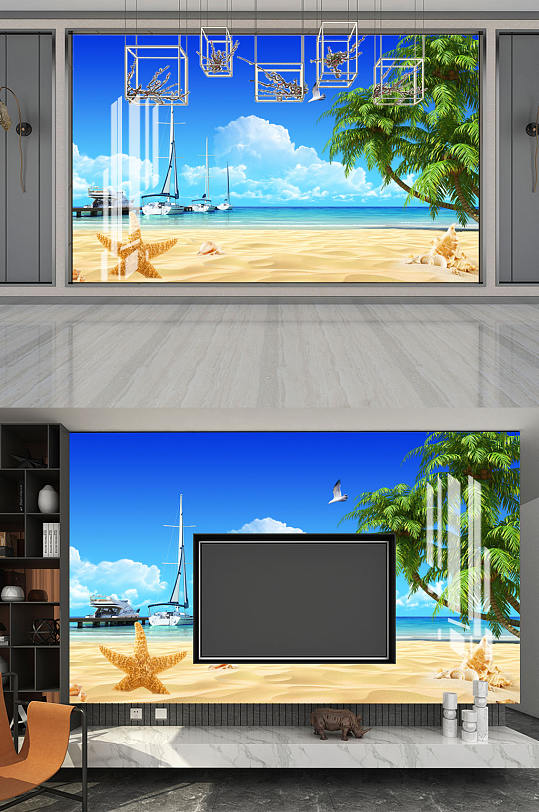 海边沙滩船海星背景墙-众图网