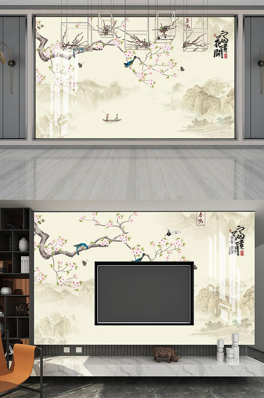 花鸟画花开富贵梅花背景墙-众图网