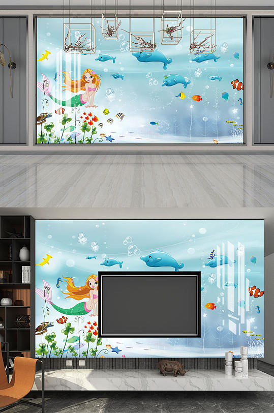 儿童卡通美人鱼海豚背景墙-众图网