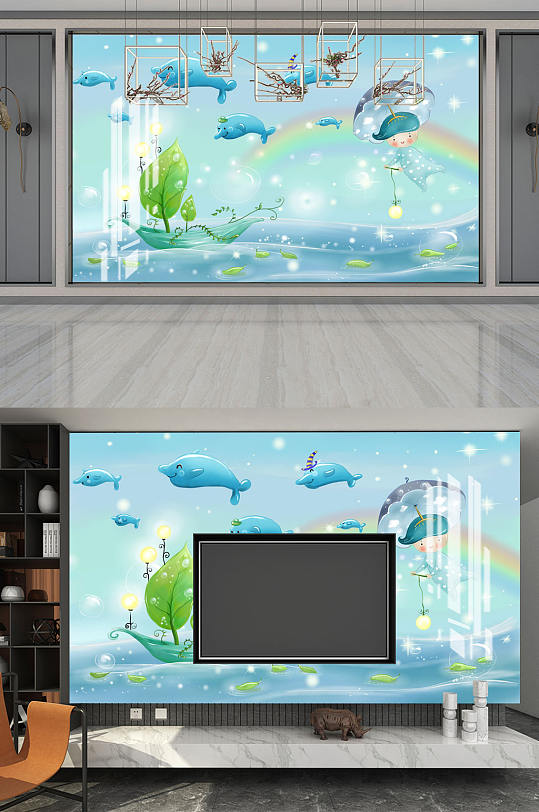 儿童卡通海豚背景墙-众图网