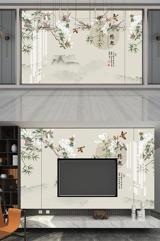花鸟画雅趣背景墙-众图网