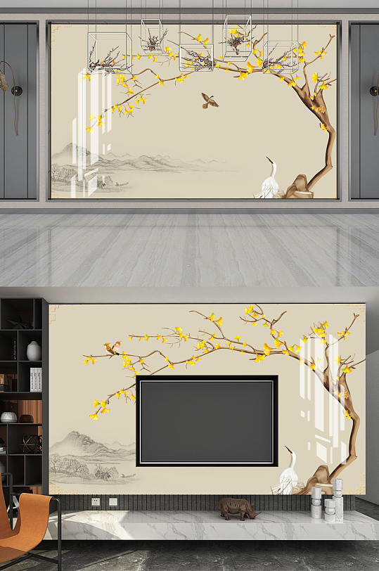 花鸟画银杏树鹤背景墙-众图网