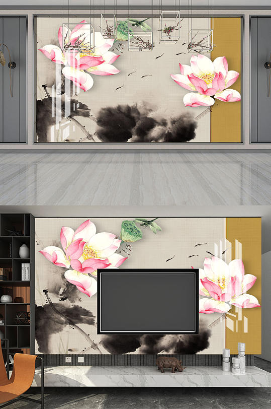 水墨画荷花莲蓬背景墙-众图网