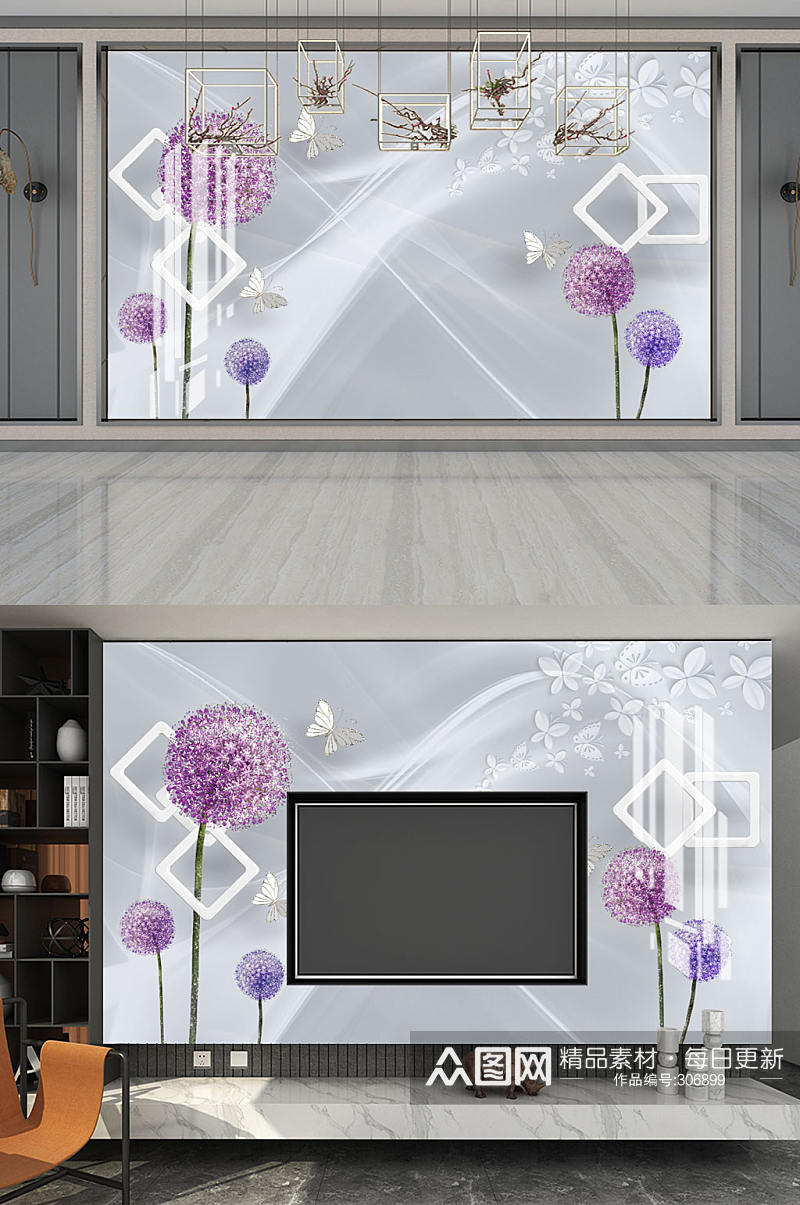蒲公英框框蝴蝶背景墙素材