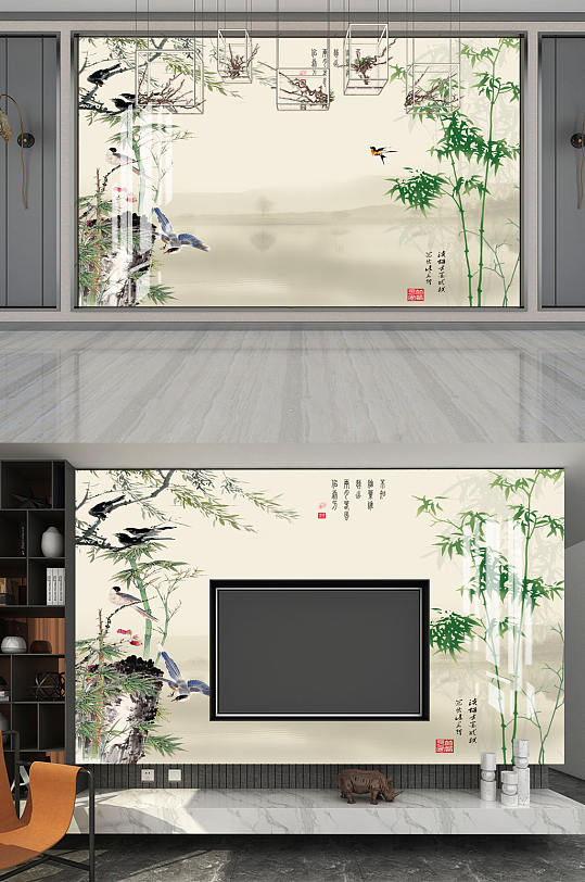 山水画竹子飞鸟背景墙-众图网