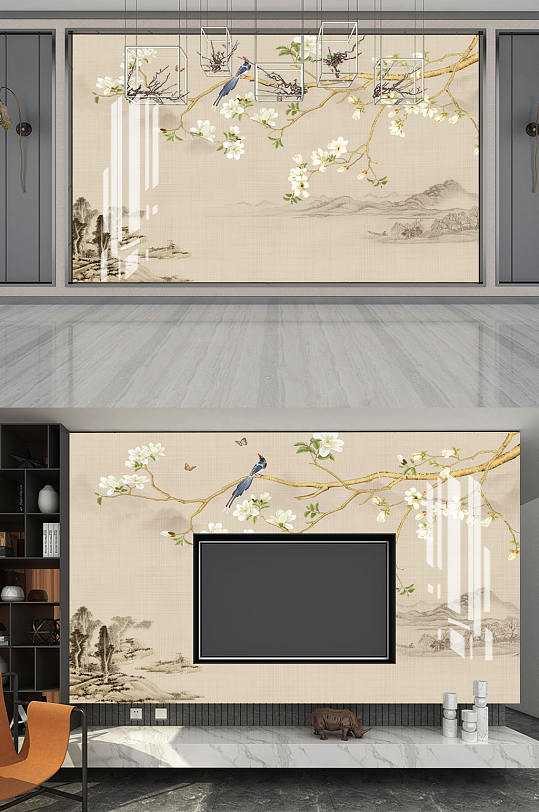 山水画花鸟画玉兰背景墙