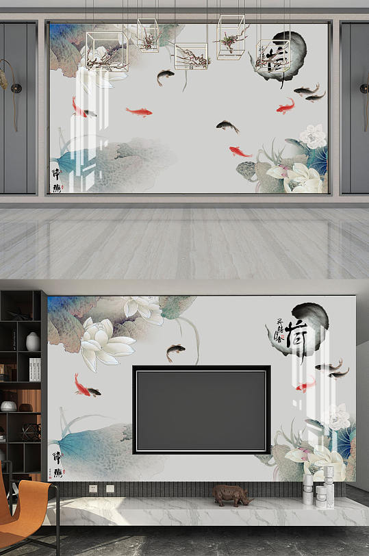 水墨画荷花九鱼背景墙-众图网
