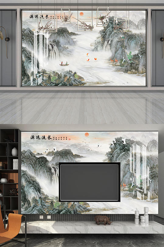 水墨山水源远流长鹤背景墙-众图网