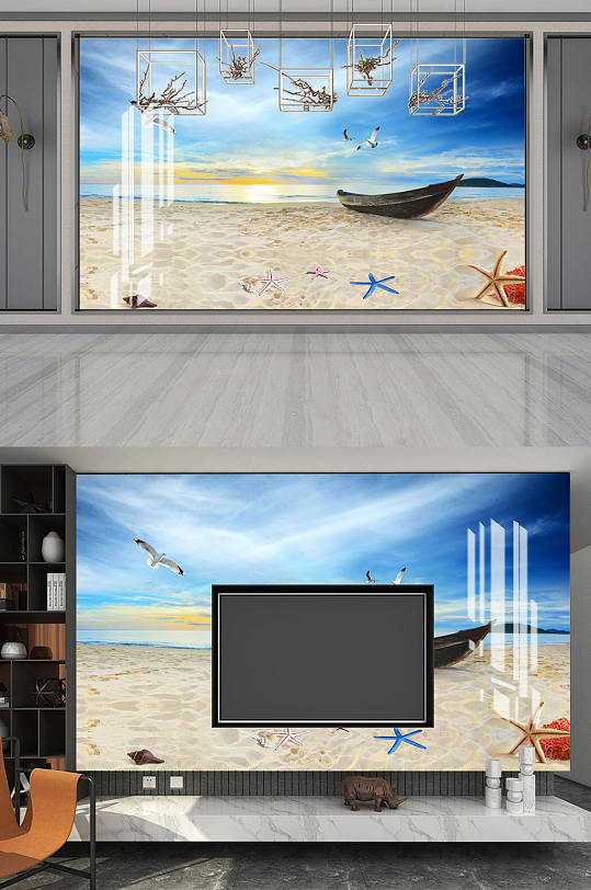 海边沙滩海星船背景墙-众图网