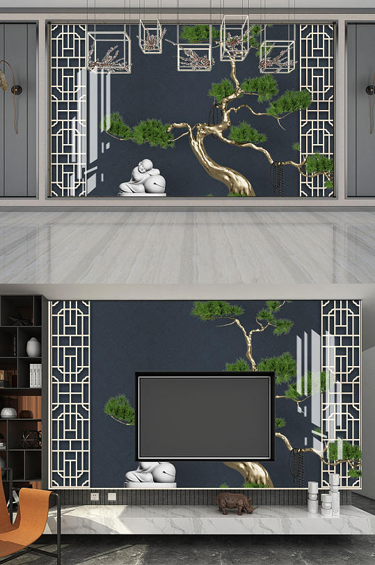 松树佛珠佛像背景墙-众图网